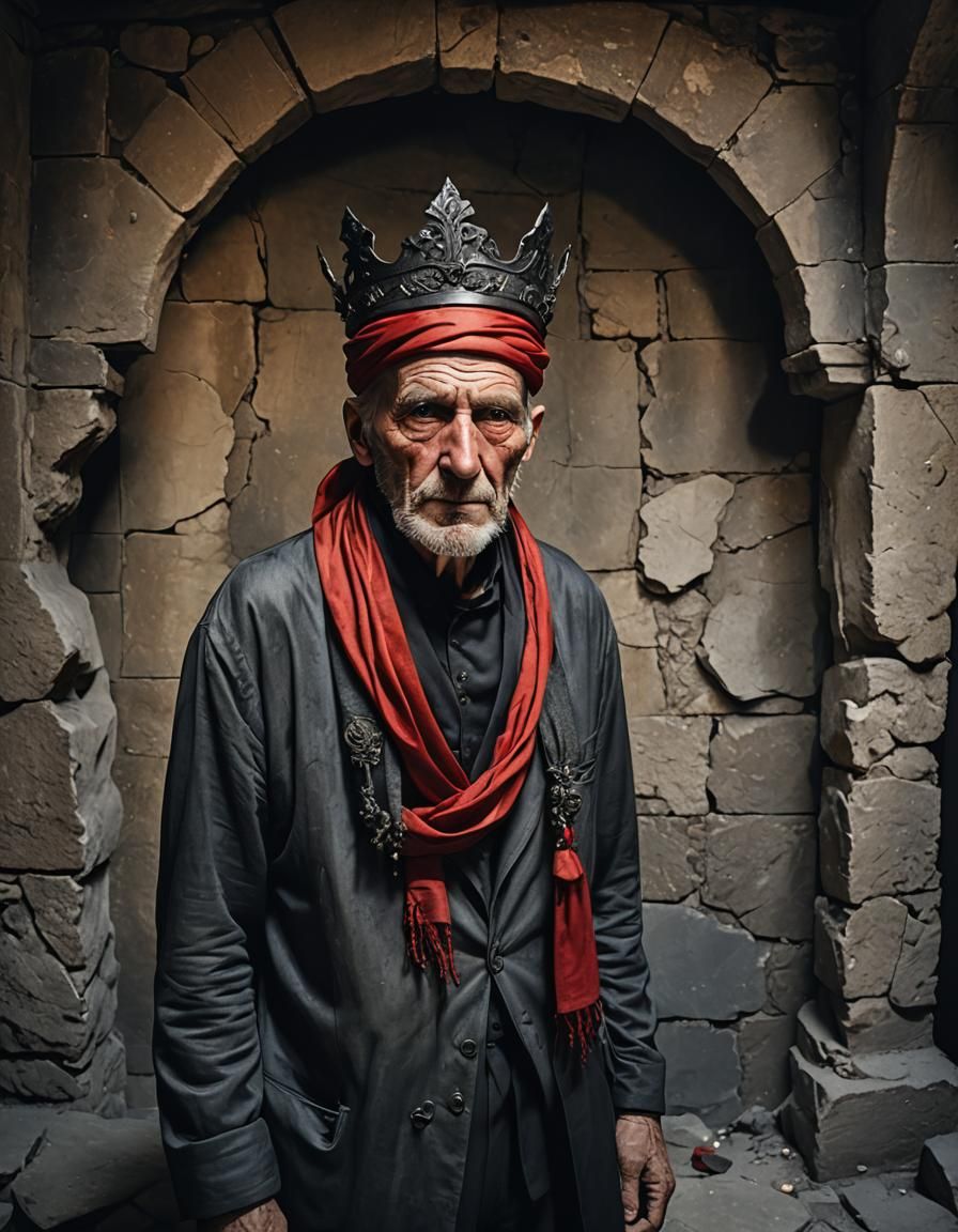 Surreal Old Man with Red Scarf and Crown