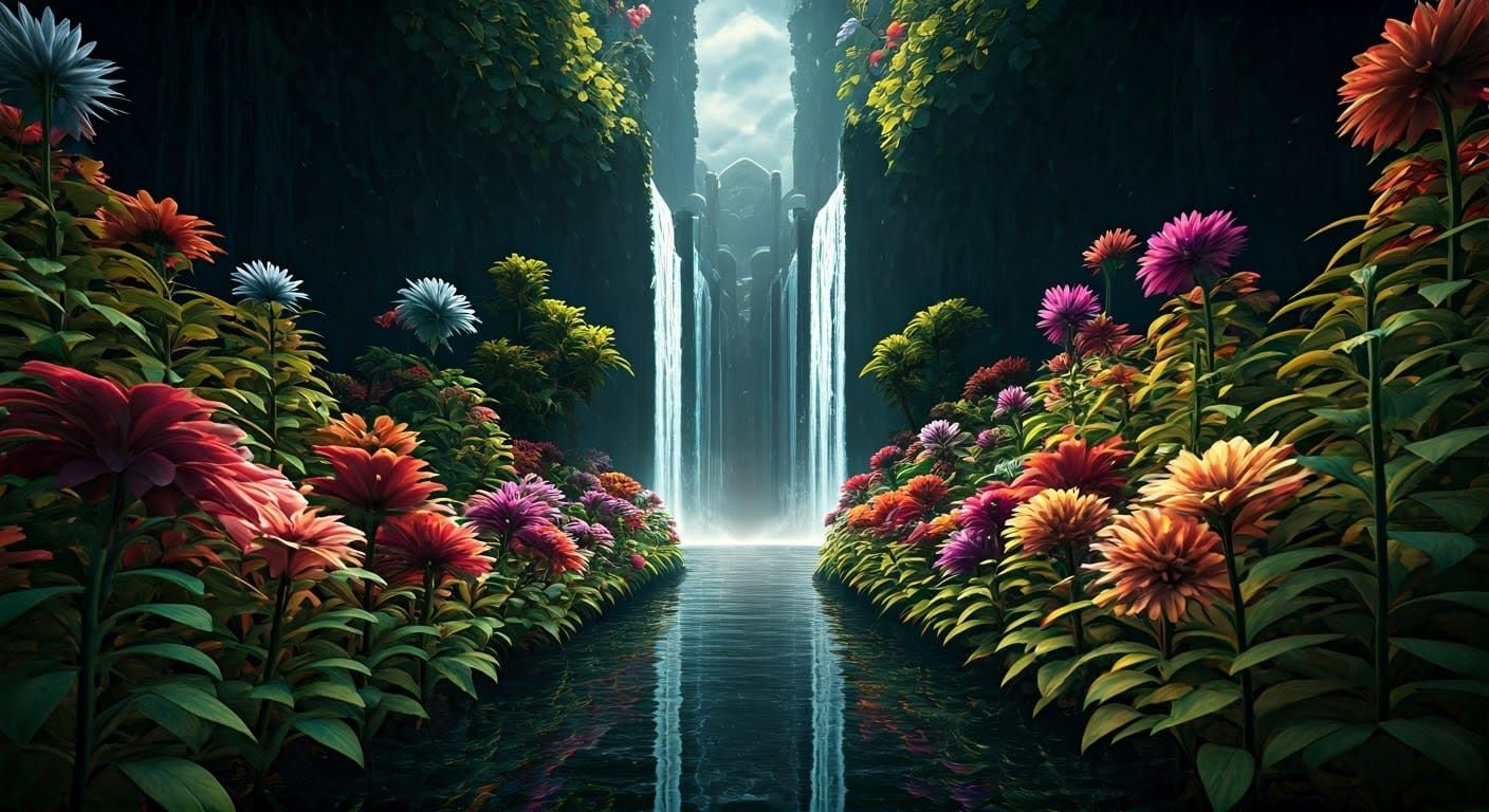 Cinematic Hyperrealistic Cuboid Garden in Futuristic Style