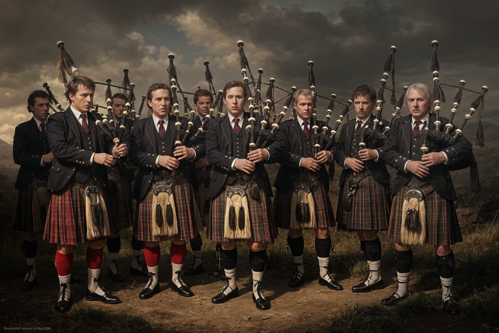Eleven Scottish Bagpipers Playing Pipes Matte Painting