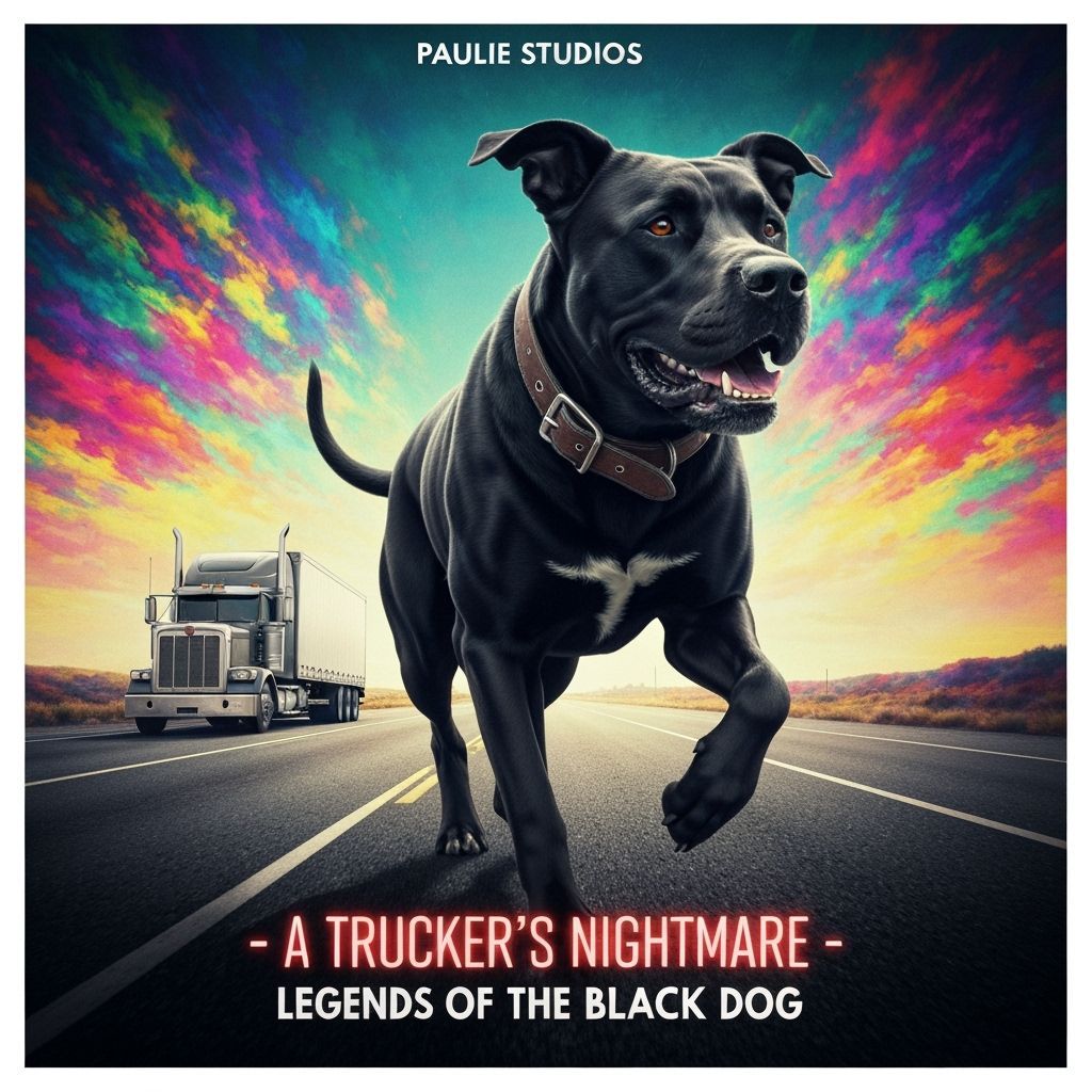 Black Dog Running Towards Truck in Psychedelic Art Style