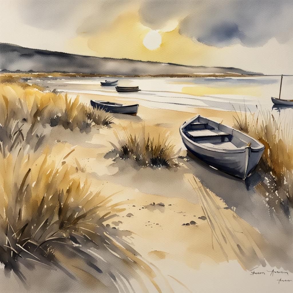 Seashore Golden Hour: Impressionistic Watercolor Painting