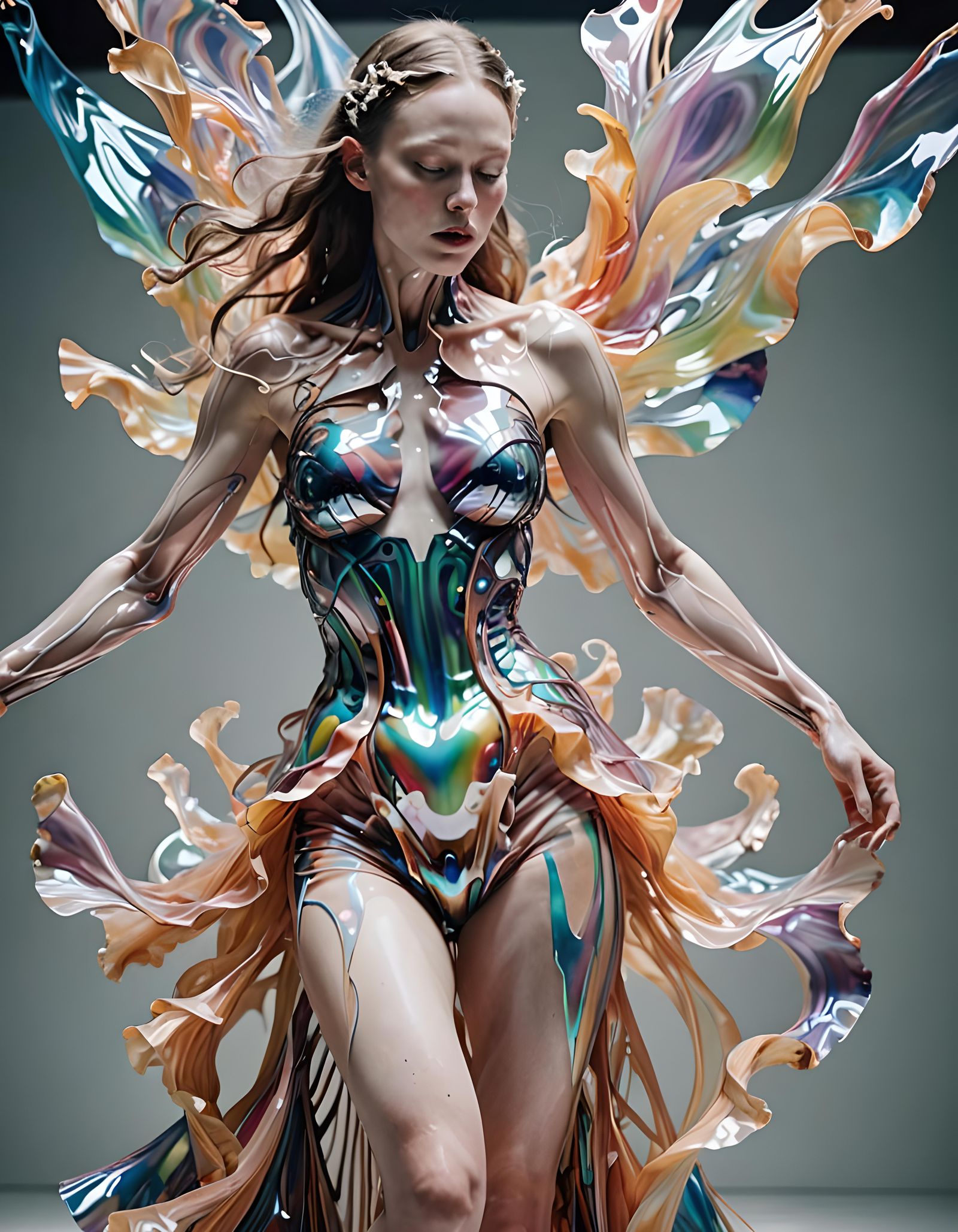 Majestic Iridescent Woman Dancing in Cyberpunk Ambiance