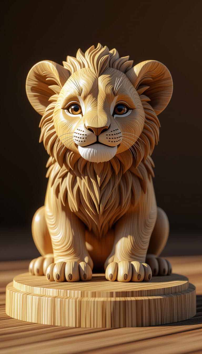 Light Oak Lion Cub Sculpture in Wood Carved Realism