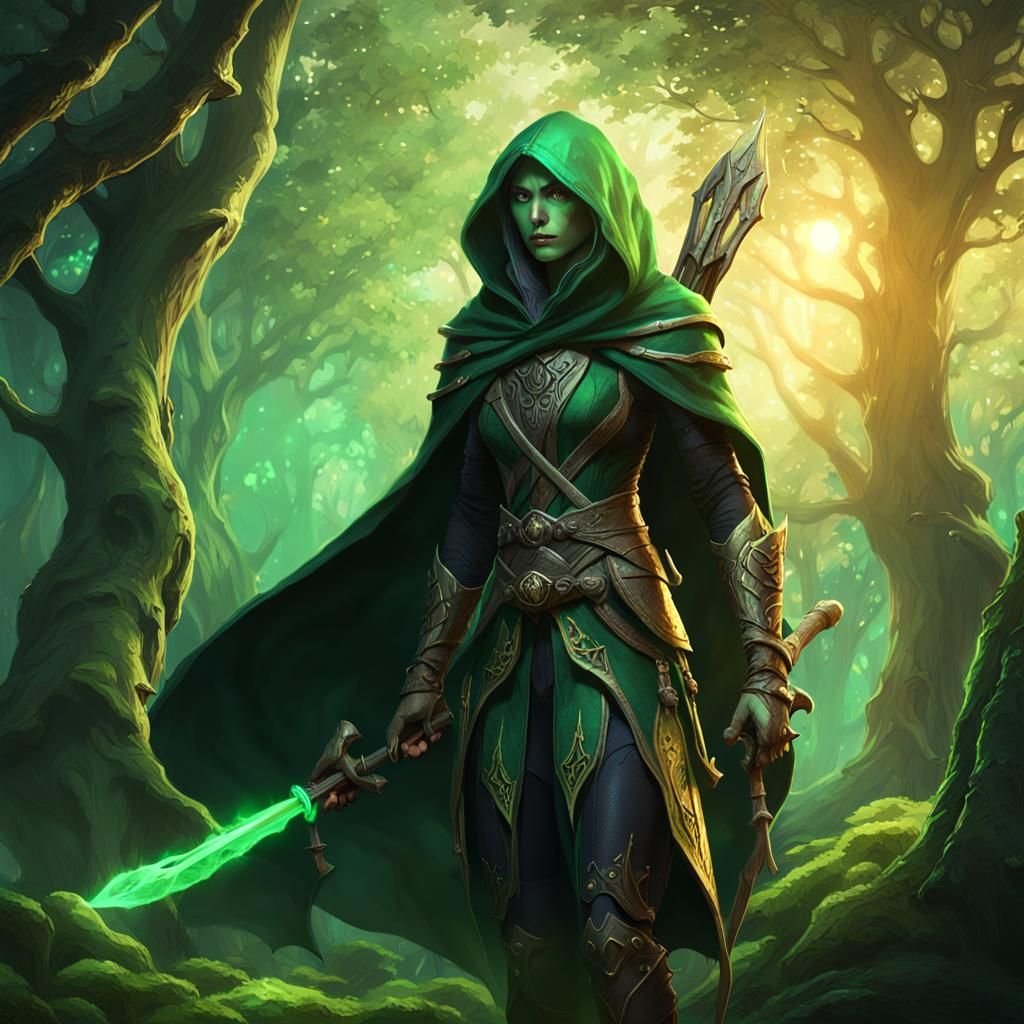 Green Elf Rogue in Emerald Realm: Dark Fantasy Art