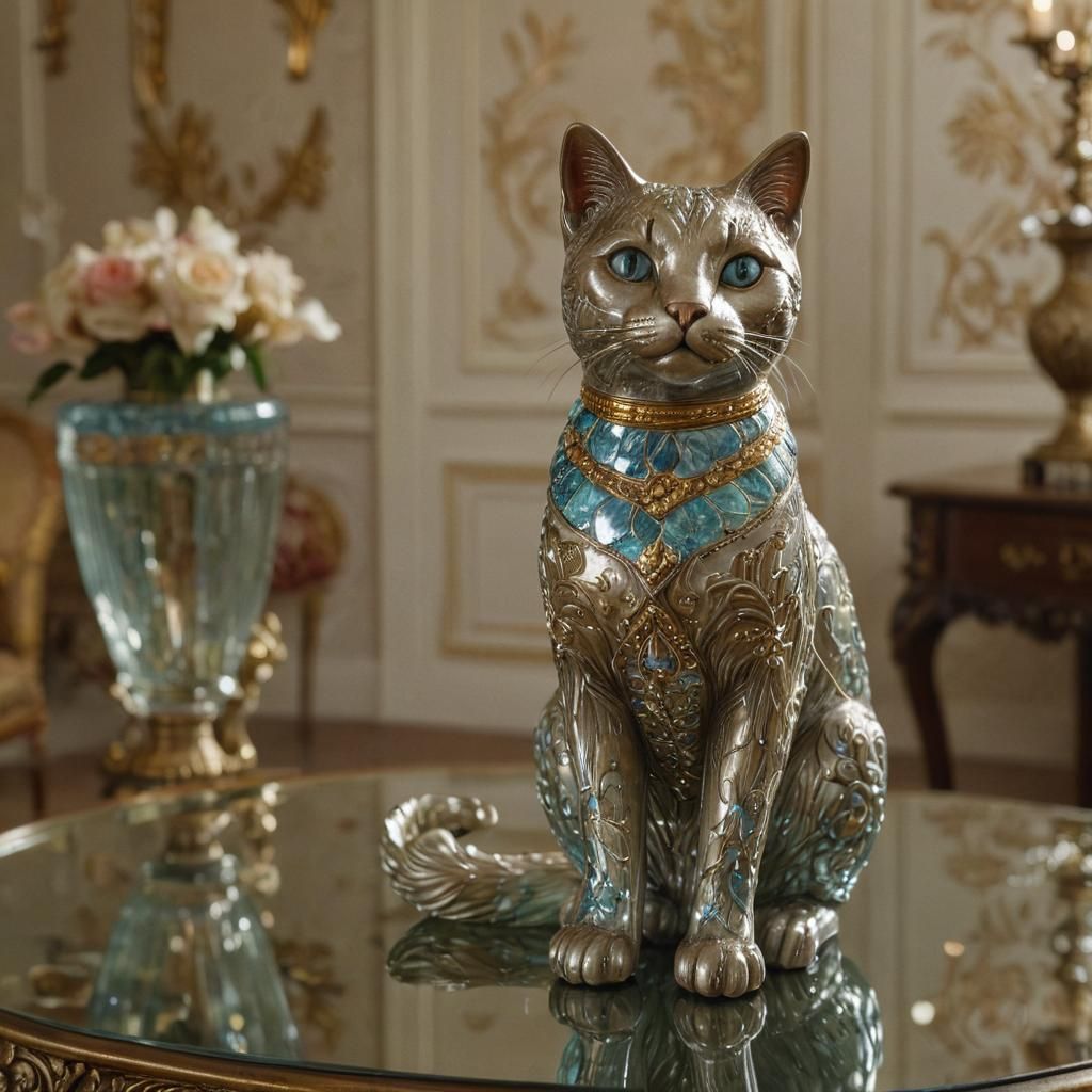 Enameled Glass Cat Statue in Cinematic Style