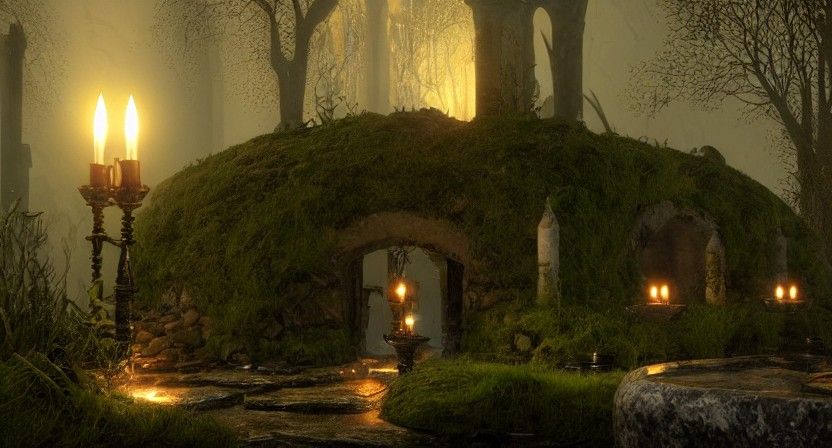Gothic Catacombs Illuminated by Torches and Candles