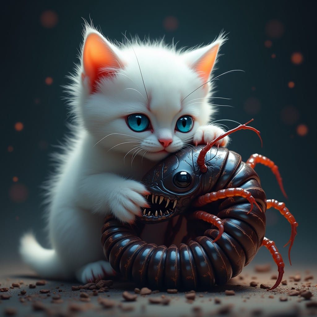 Regal White Kitten Confronts a Twisted Millipede in Hyper-Re...