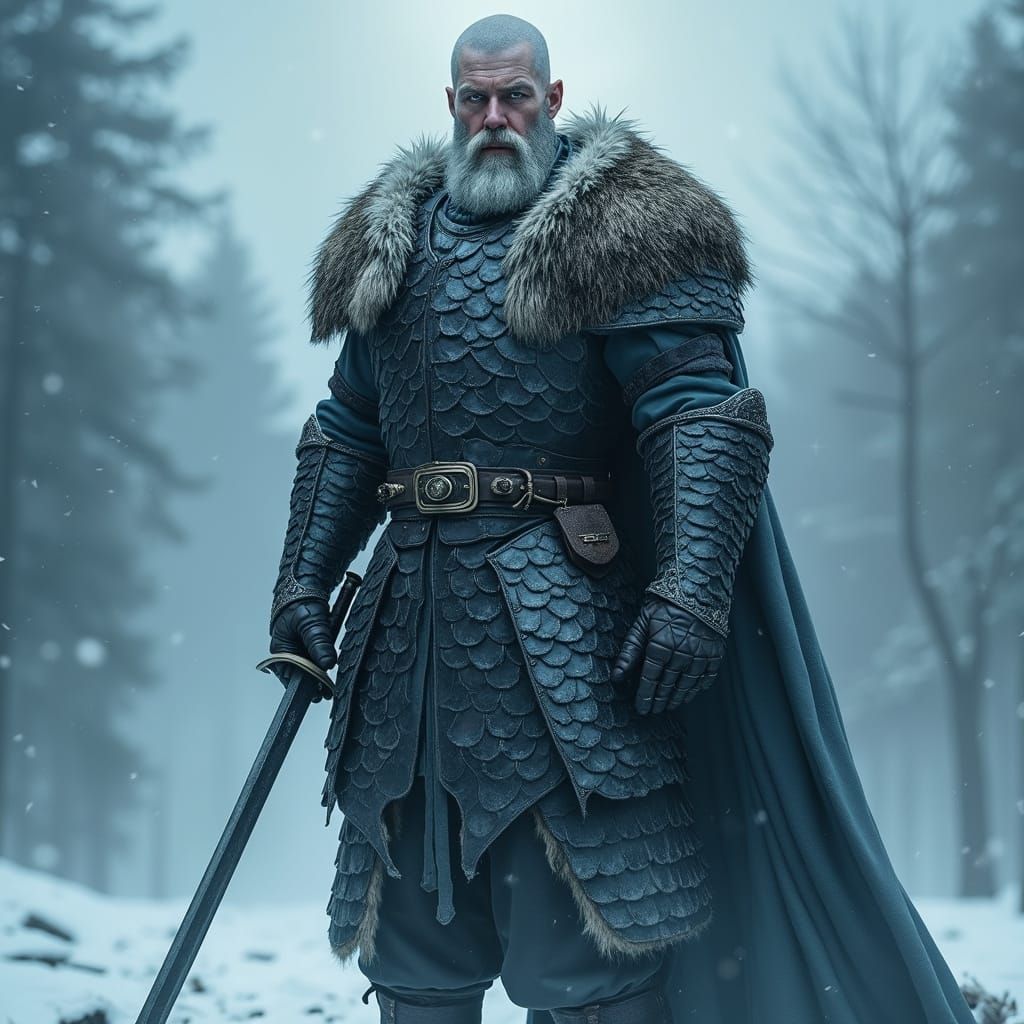 Slavic-Nordic Warrior Stands Resolute in Frosty Landscape