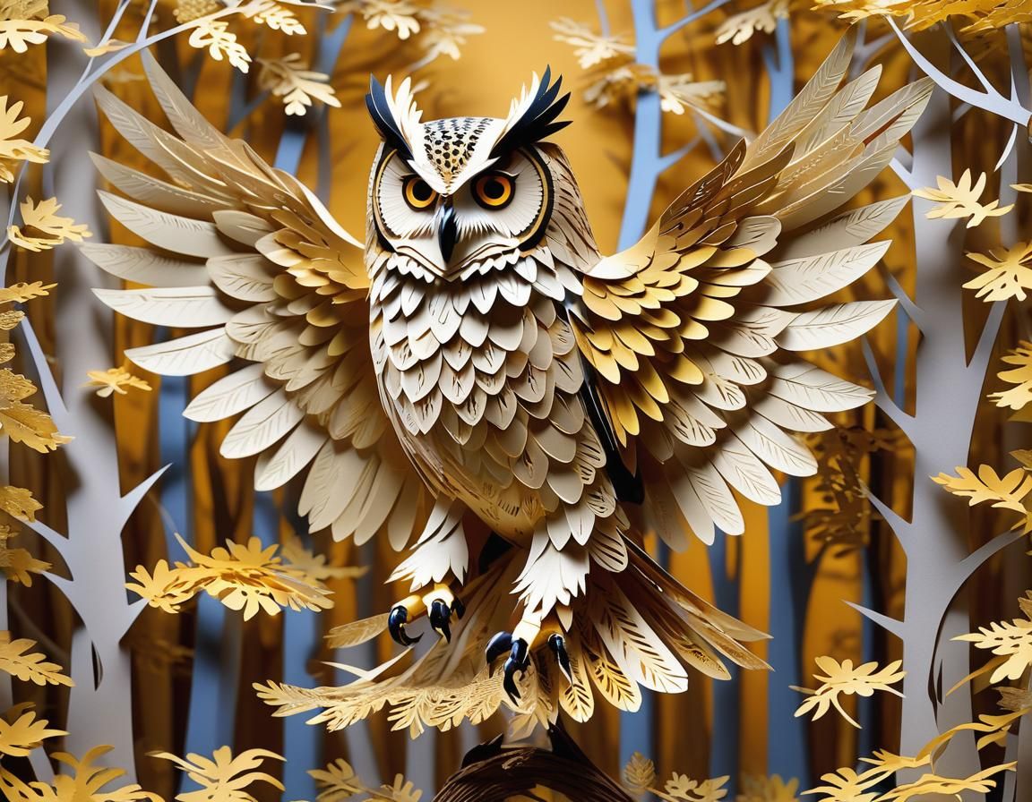Kirigami Eagle Owl with Splayed Wings