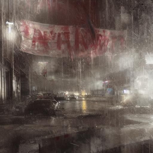 Chaotic Protest with Torn Flag in Gritty Realism