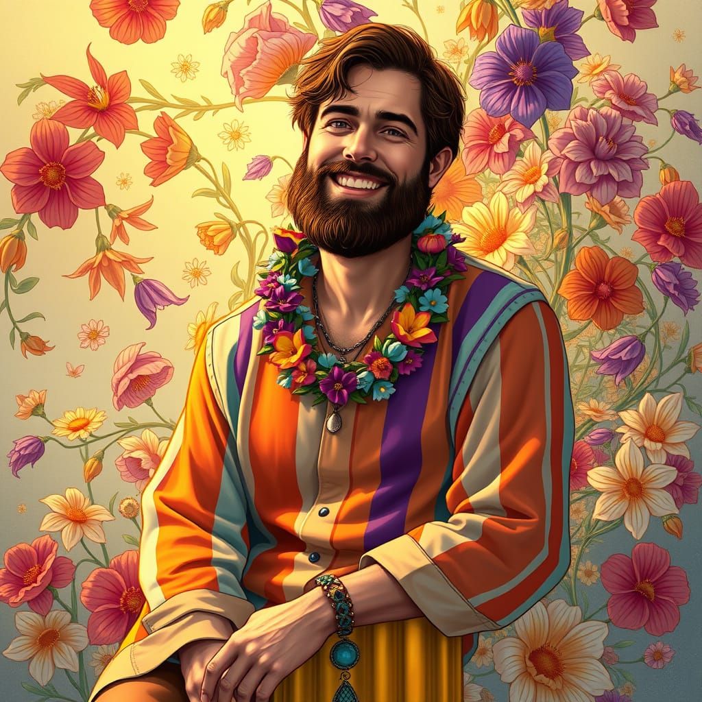 Man in Floral Garland on Golden Pillar, Mucha Style