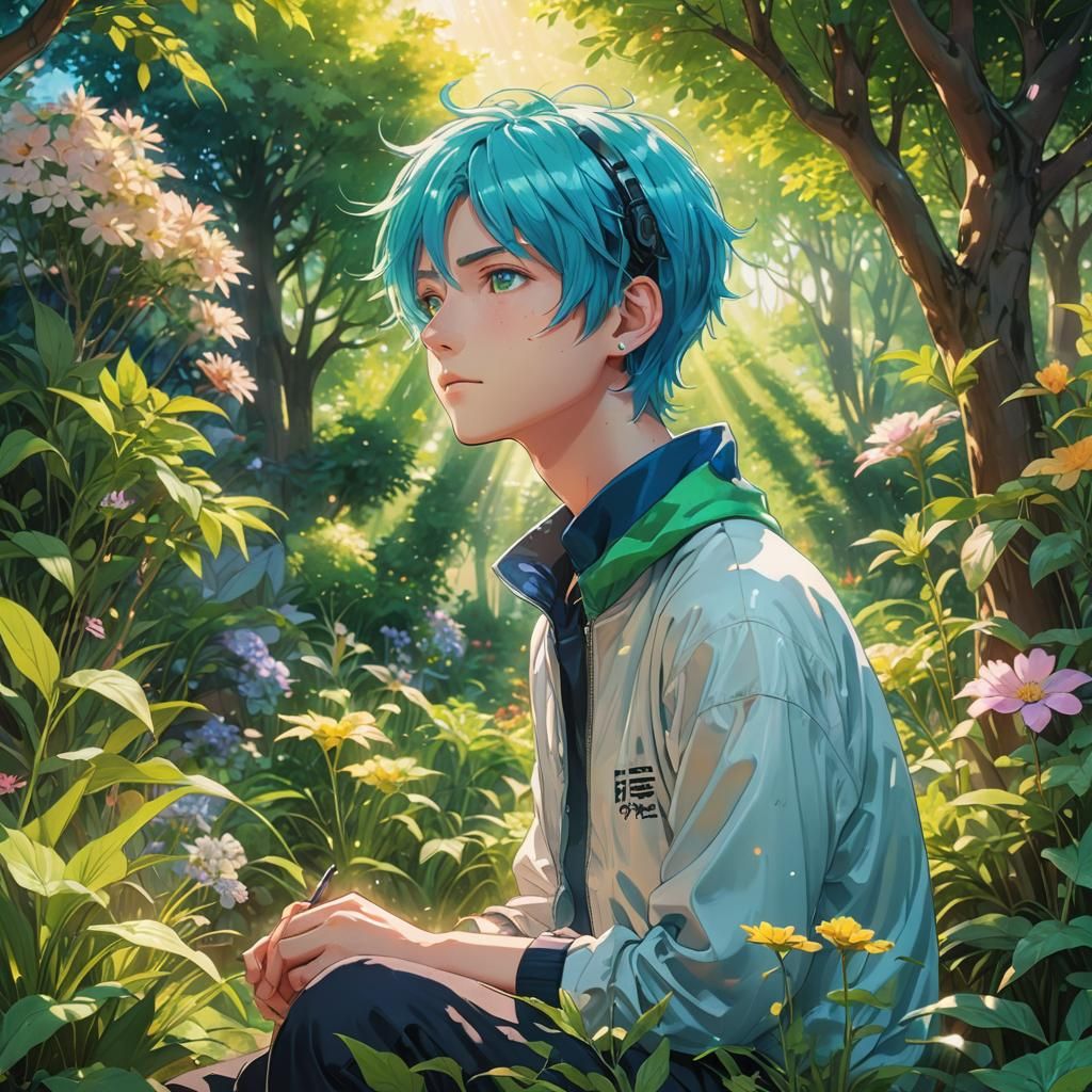 Anime Boy with Hologram Screen in Lush Garden