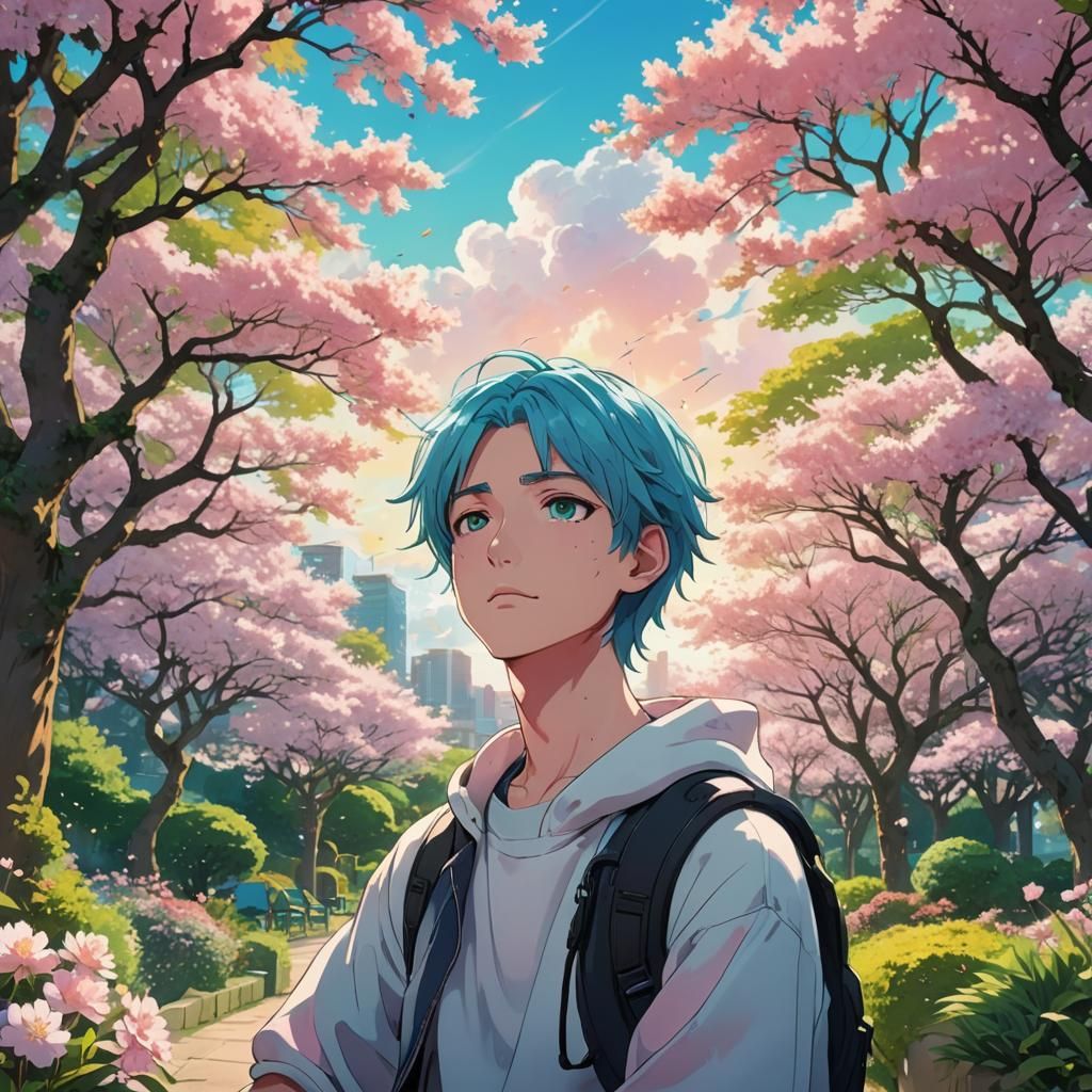 Anime Boy with Hologram in Cherry Blossom Garden