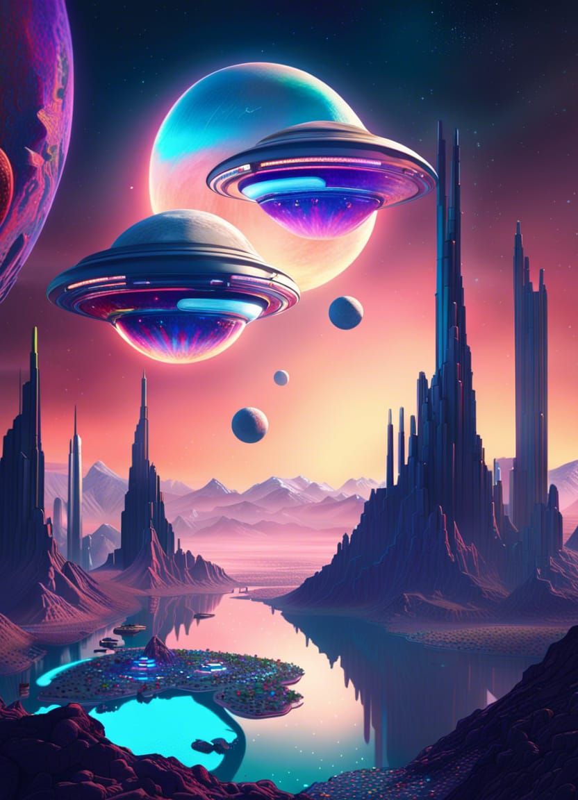 Futuristic Alien City with Mountains and Giant Moons