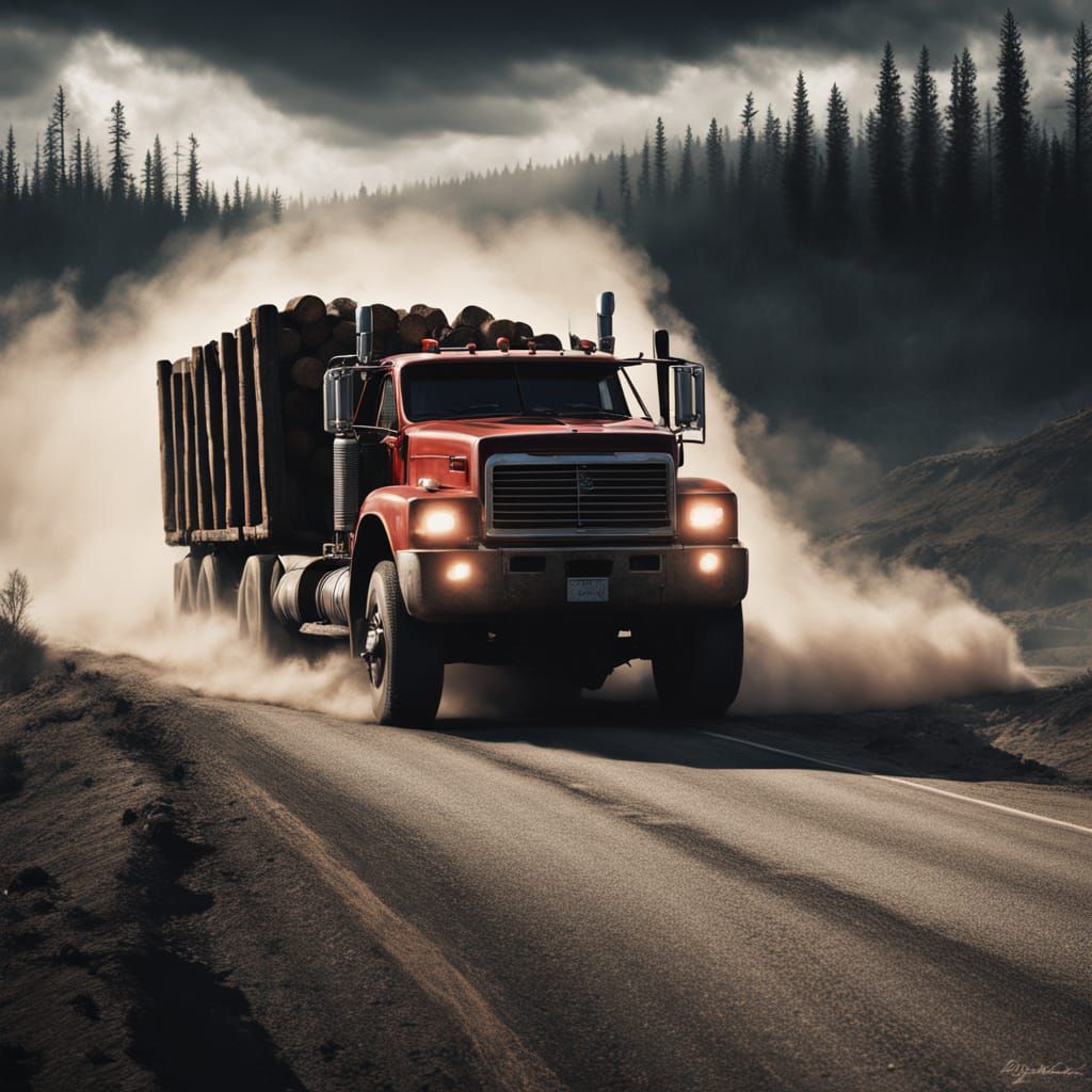 Log Truck Chase in Ominous, High-Contrast Lighting