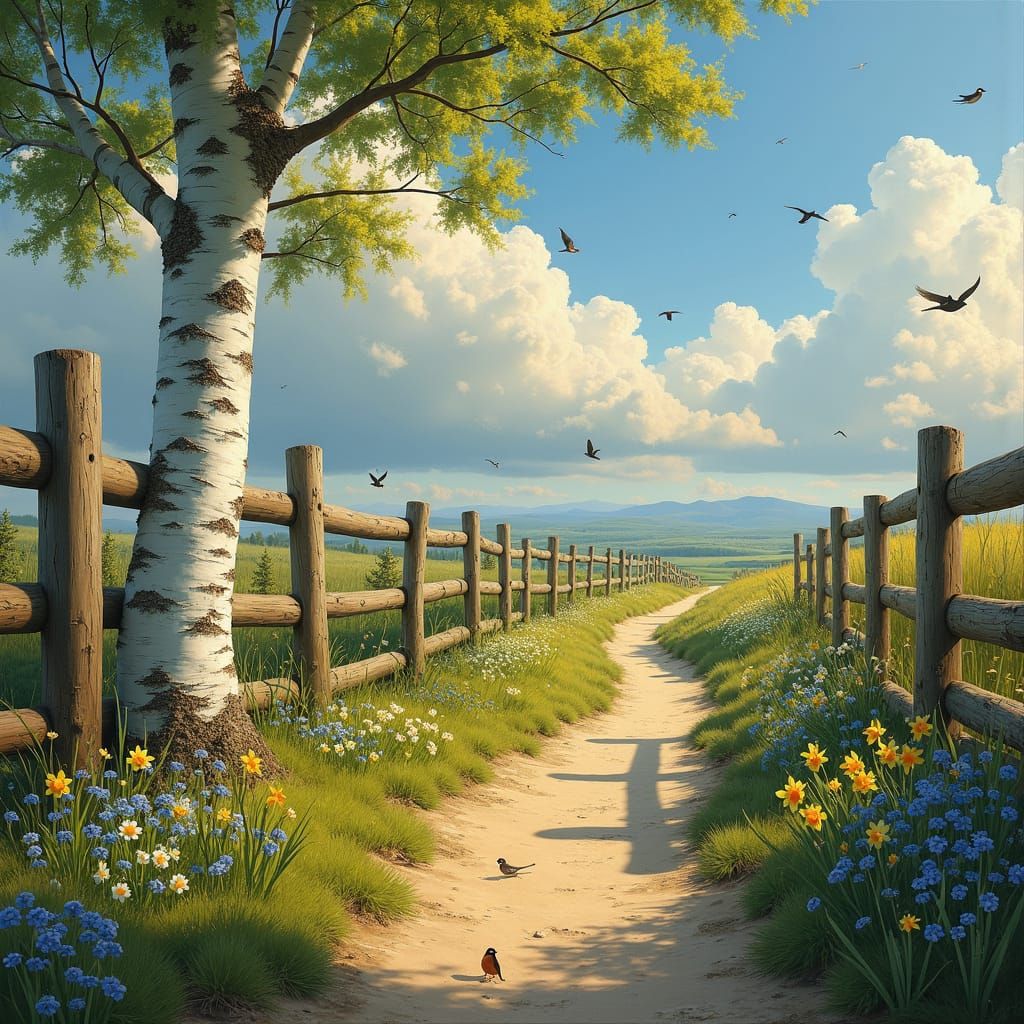 Serene Spring Landscape with Majestic Birch Tree