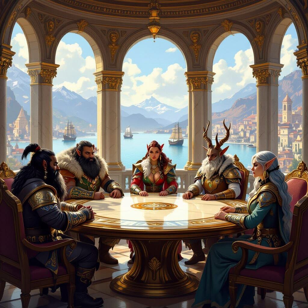 A vibrant, high-fantasy digital painting showing a council