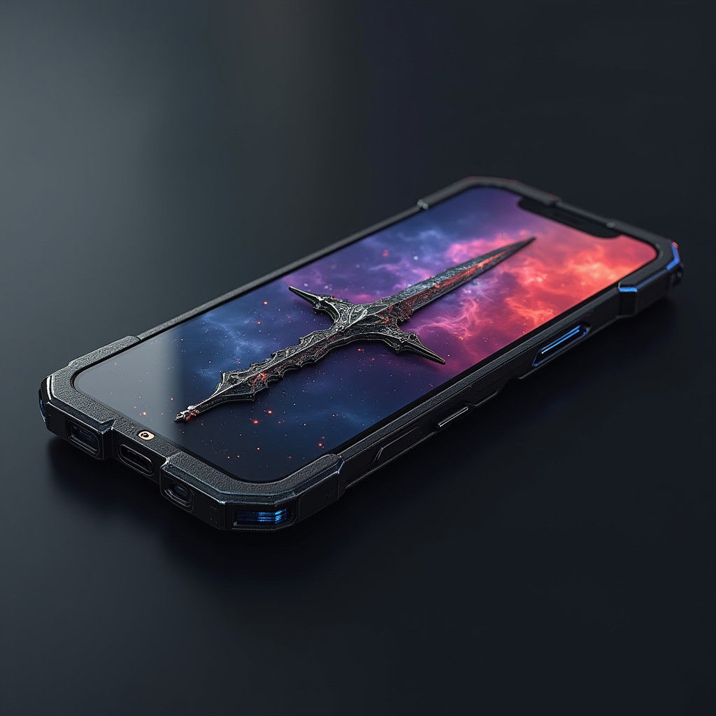 Futuristic Smartphone with Sword Emblem in Fantasy Style