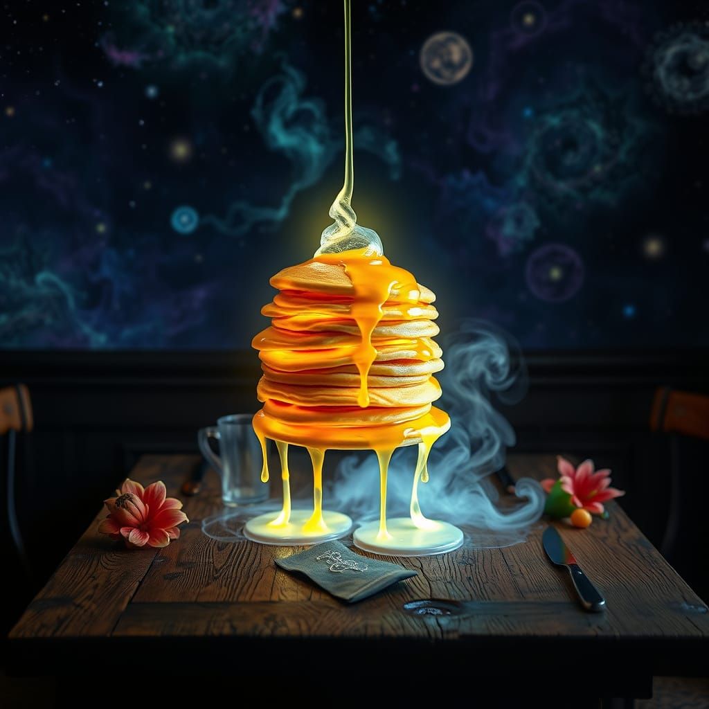 Surreal Pancakes with Cosmic Syrup, Bioluminescent Art