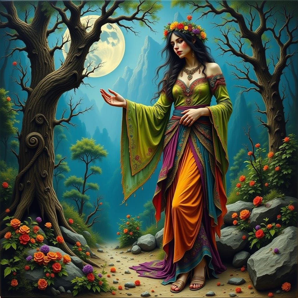Mystical Bohemian Fairy in a Moonlit Forest
