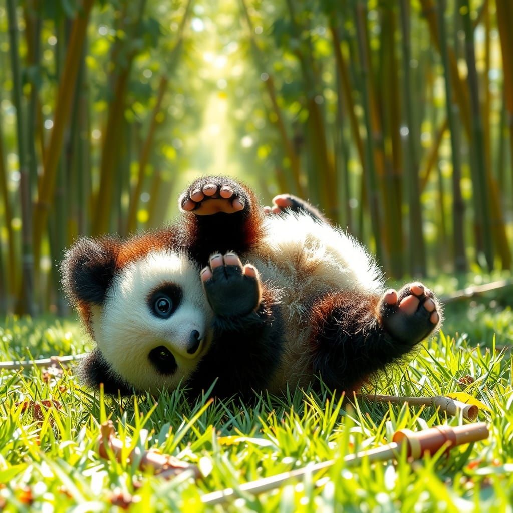 Chubby Baby Panda at Play in a Sun-Dappled Bamboo Clearing