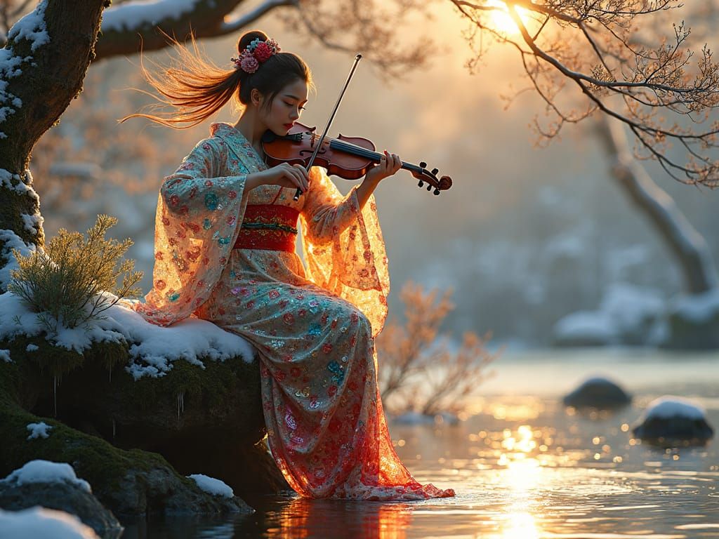 Elegant Geisha on a Sunset Tree Branch