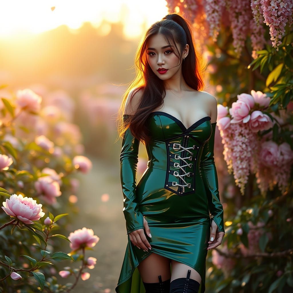 Exotic Japanese Goddess in Spring Garden
