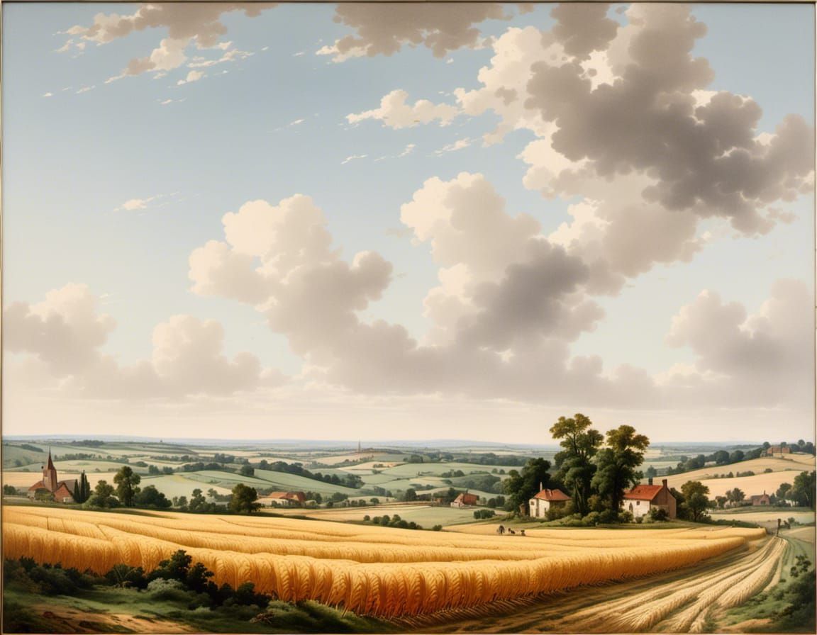Vintage Oil Painting of Golden Wheat Fields