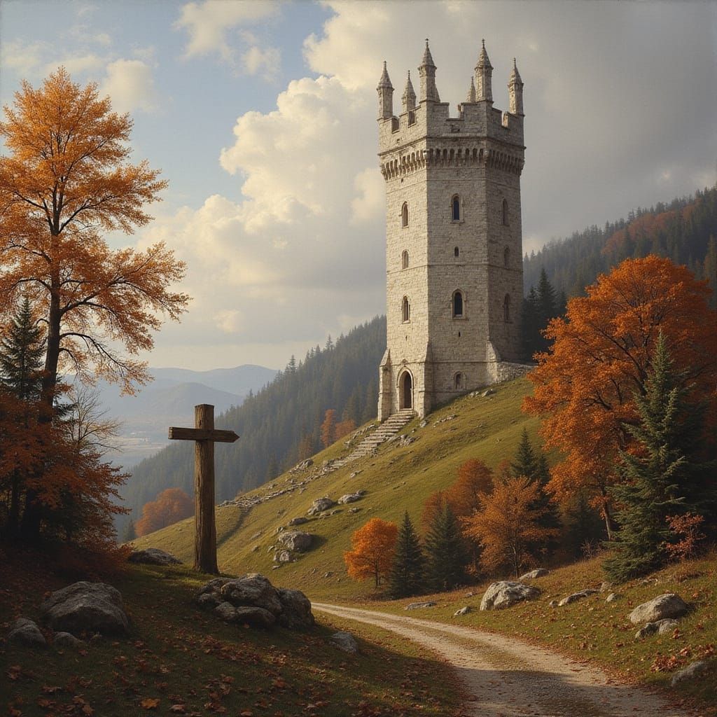 Majestic Gothic Tower in Autumnal Forest Landscape