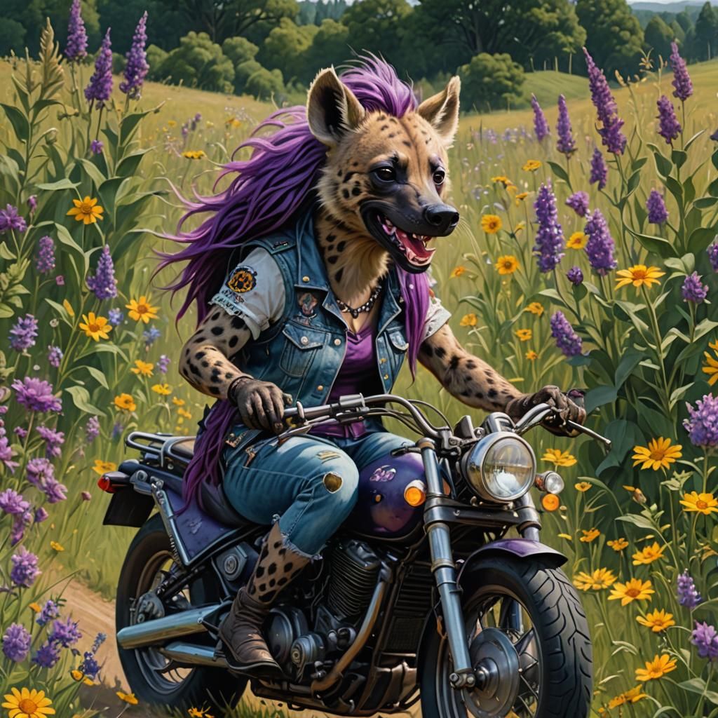 She-Hyena Rides Motorcycle Through Wildflower Field