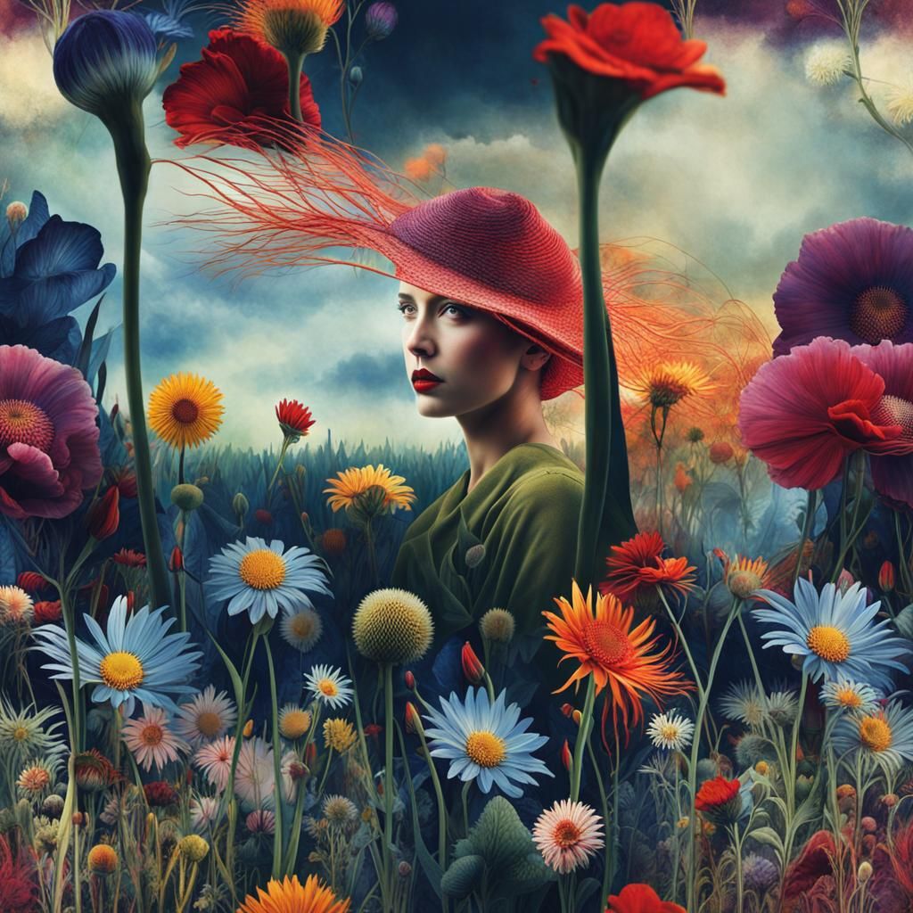 Woman in Flower Field: Surreal Dark Fantasy Photography