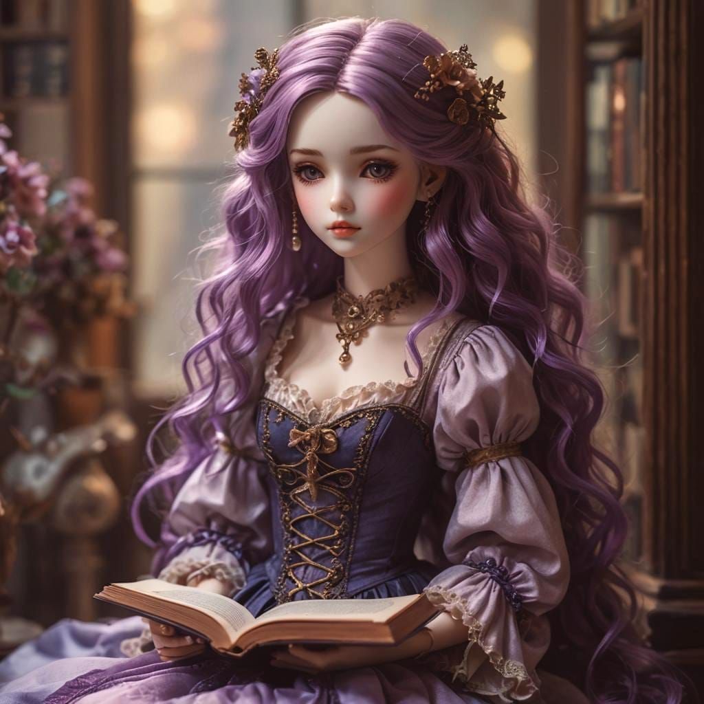 A beautiful ball-jointed doll reading a book