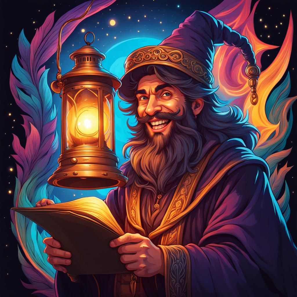 Smiling Wizard with Lantern and Scroll