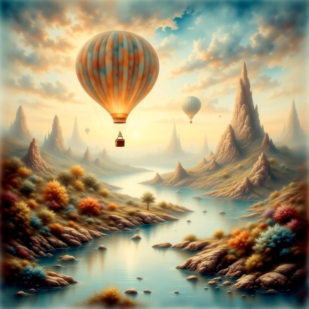 Surreal River Landscape with Floating Islands and Hot Air Ba...