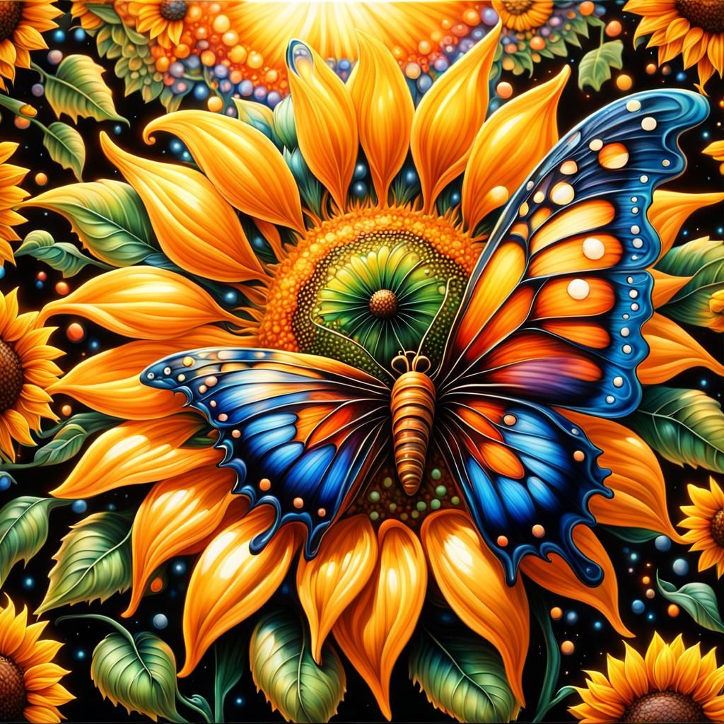 Ornate Glass Sunflower with Butterfly in Hyperreal Style