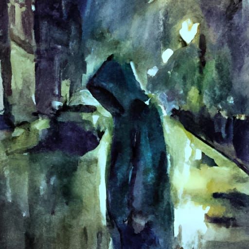 Depressed Figure in Rainy Cityscape: Watercolor Art