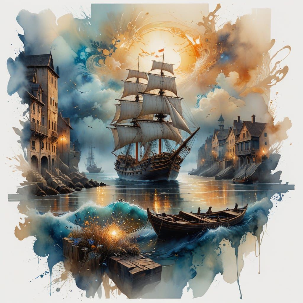 Majestic Sailing Ships in a Mystical Harbor at Sunset
