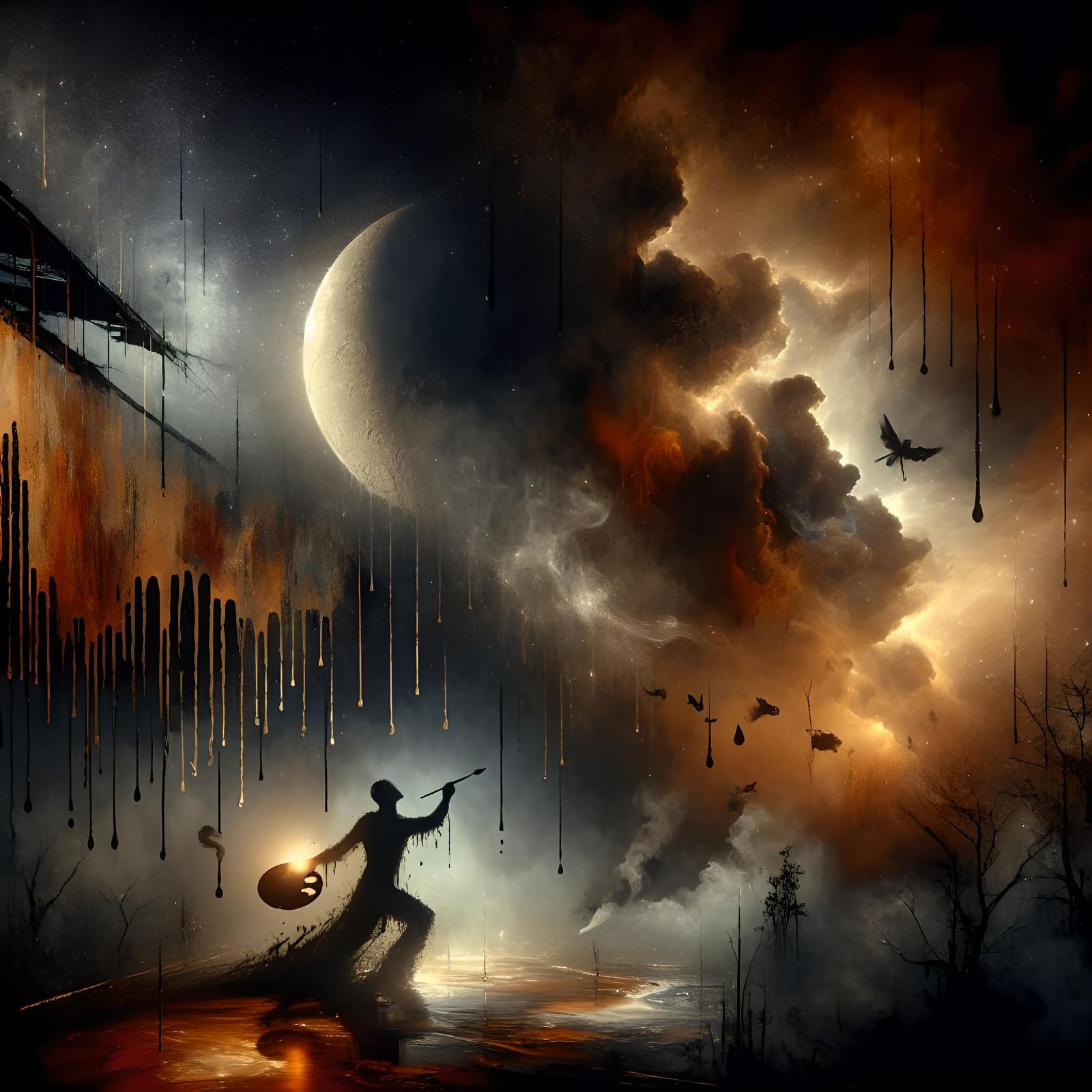 Contemplative Figure Dancing in Shadows