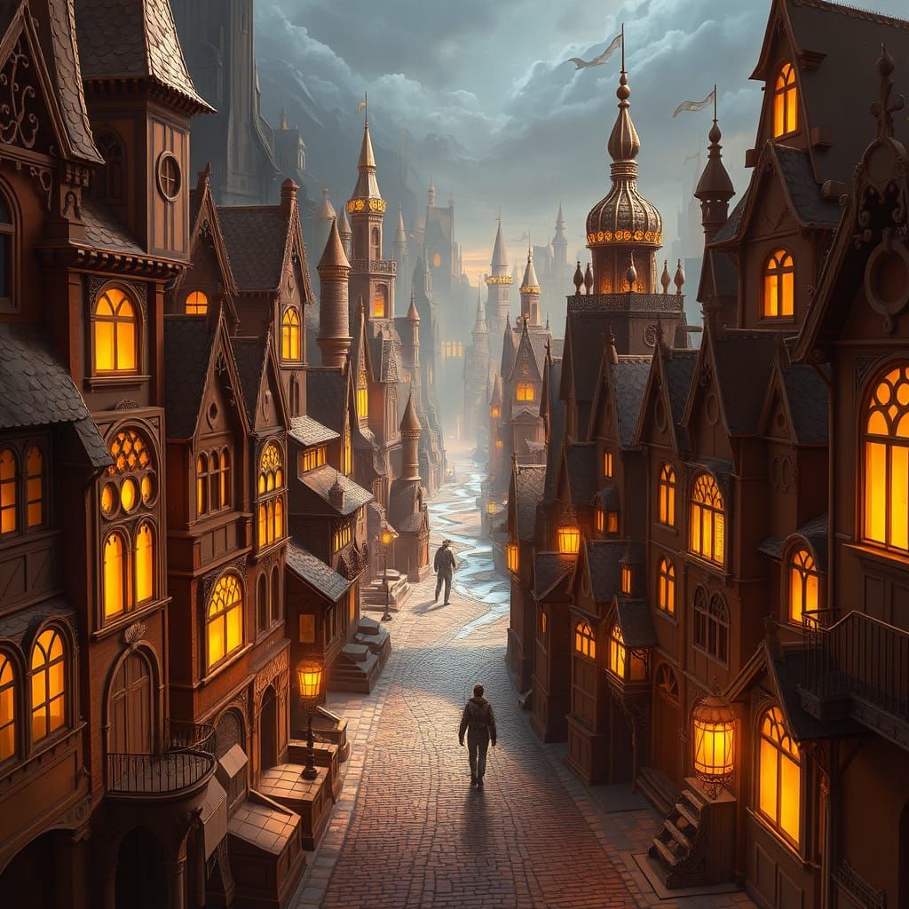 A sprawling chocolate city, with chocolate buildings and a r...