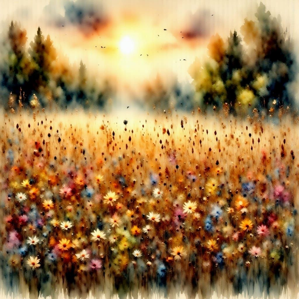 Golden Meadow Sunrise in Antique Watercolor Style
