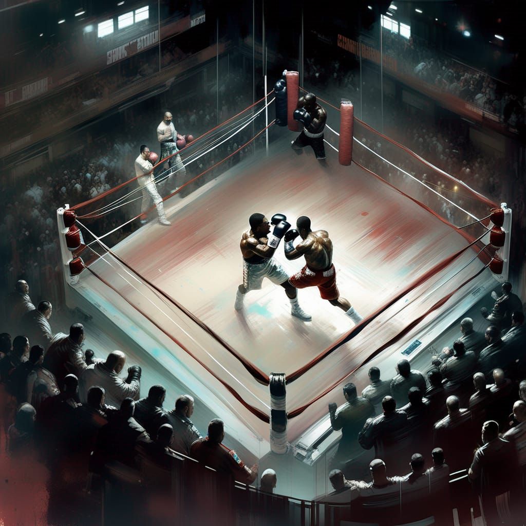 Astronaut Boxers Fight in Crowded Boxing Stadium