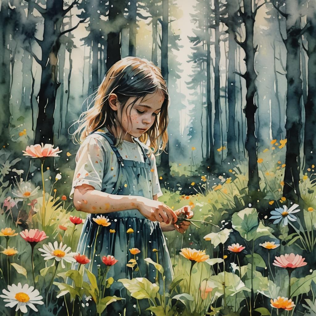 Watercolor Double Exposure of Girl Picking Flowers