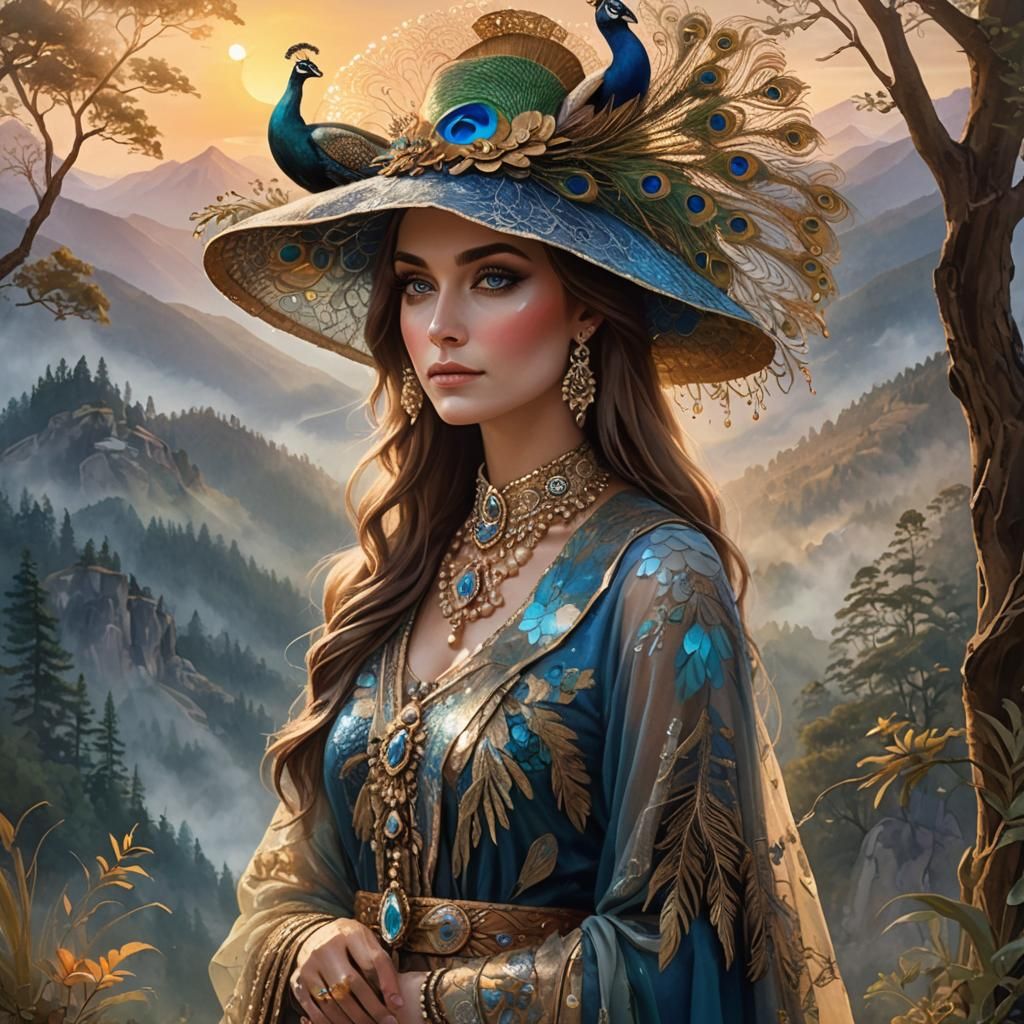 Sunrise Mountain Landscape with Woman in Feathered Hat