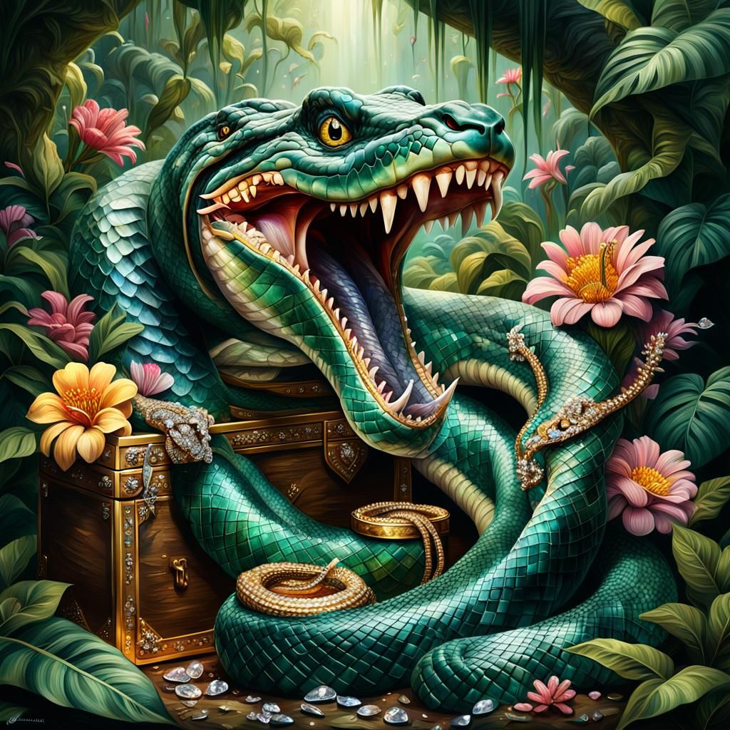 Amazon Serpent Guarding Treasure as Oil Painting