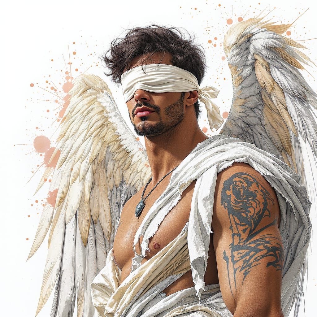 Blindfolded Angel with Tattoos and Wings in Graphic Style