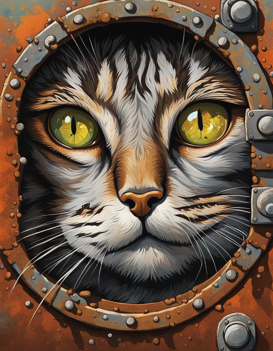 Tabby Cat in Porthole, Hyperrealistic Portrait
