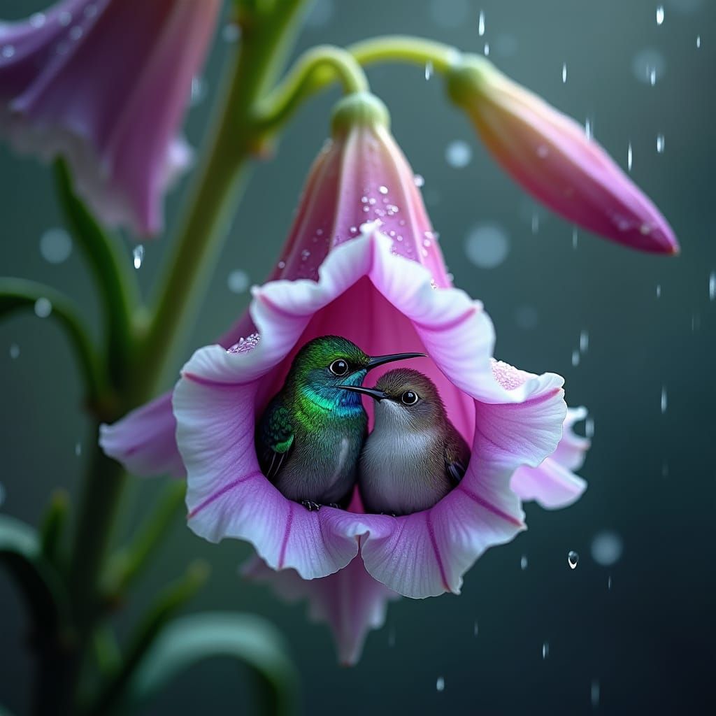 Hummingbirds Sheltered in Gladiolus Bloom: Nature Photograph...