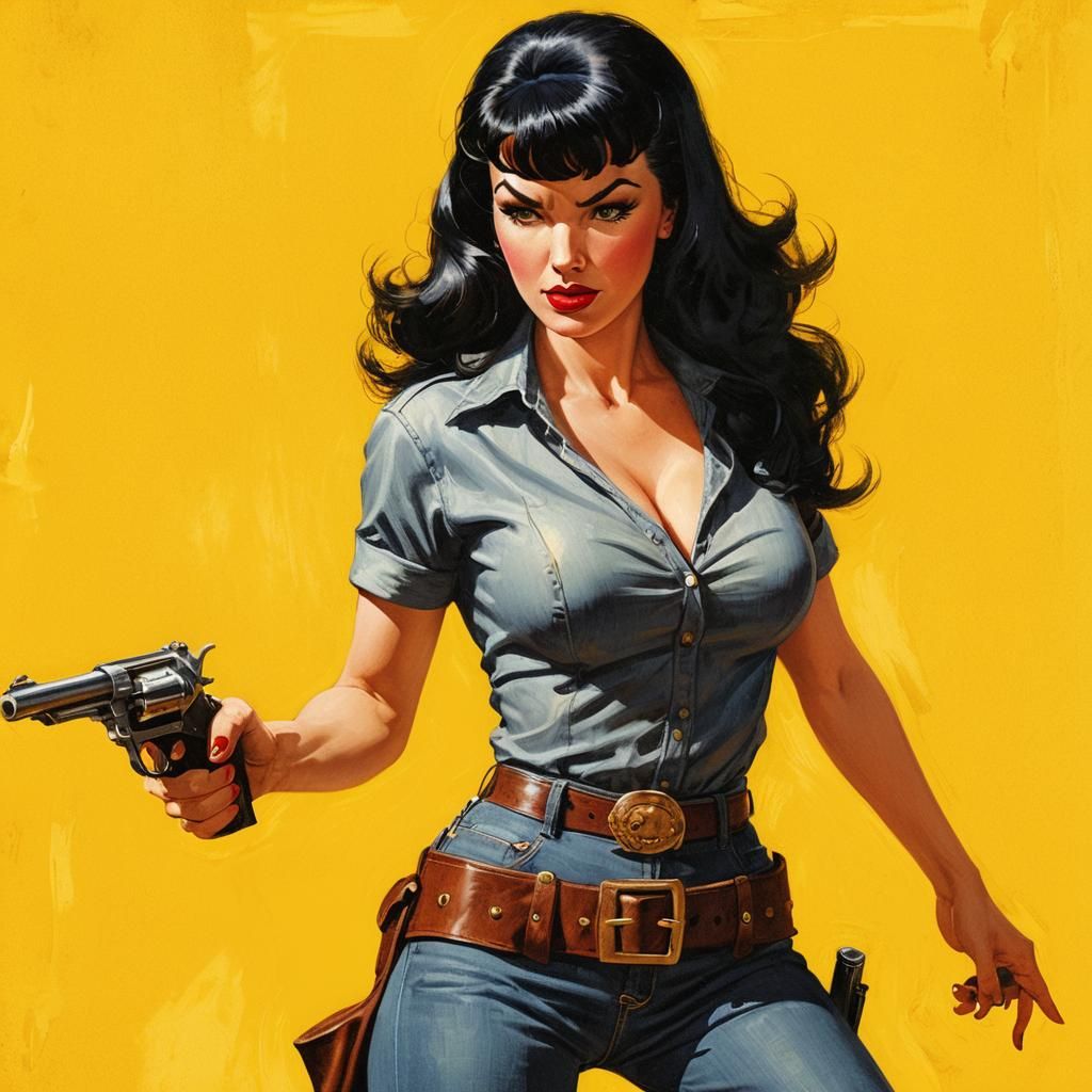 Bettie Page as Defiant Gunslinger in Comic Book Art