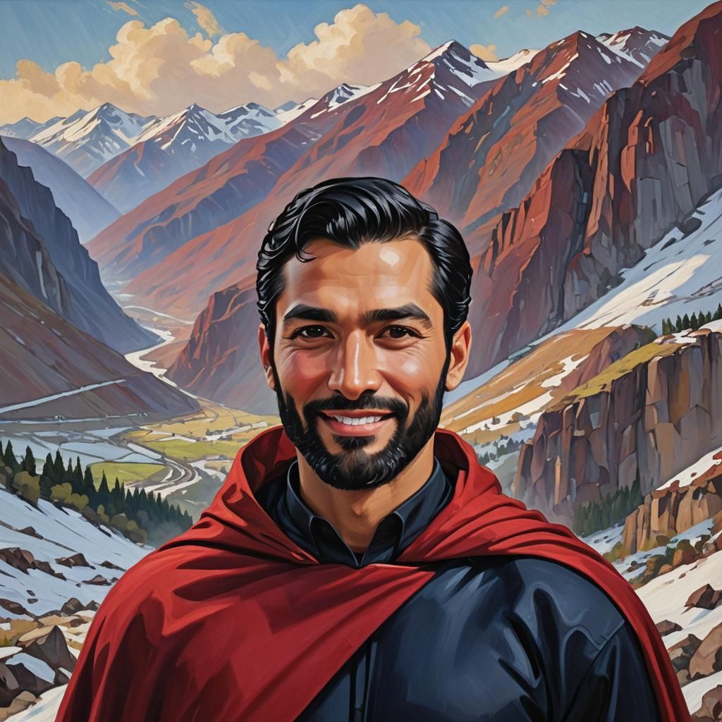 Expressionist Portrait of Handsome Man in Snowy Mountains