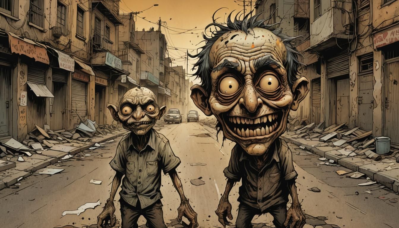 Grotesque Caricature Illustration in Dirty Street